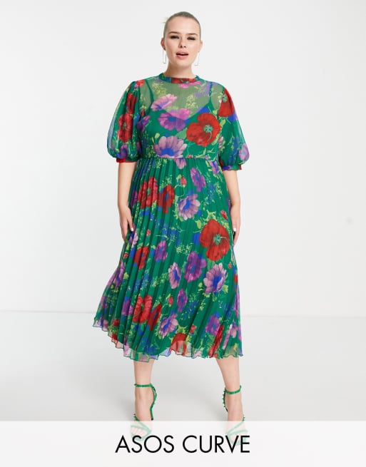 ASOS DESIGN Curve high neck pleated chevron textured midi dress with puff sleeve in green floral print