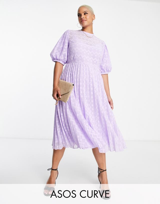 ASOS DESIGN Curve high neck pleated chevron textured midi dress with puff sleeve in lavender