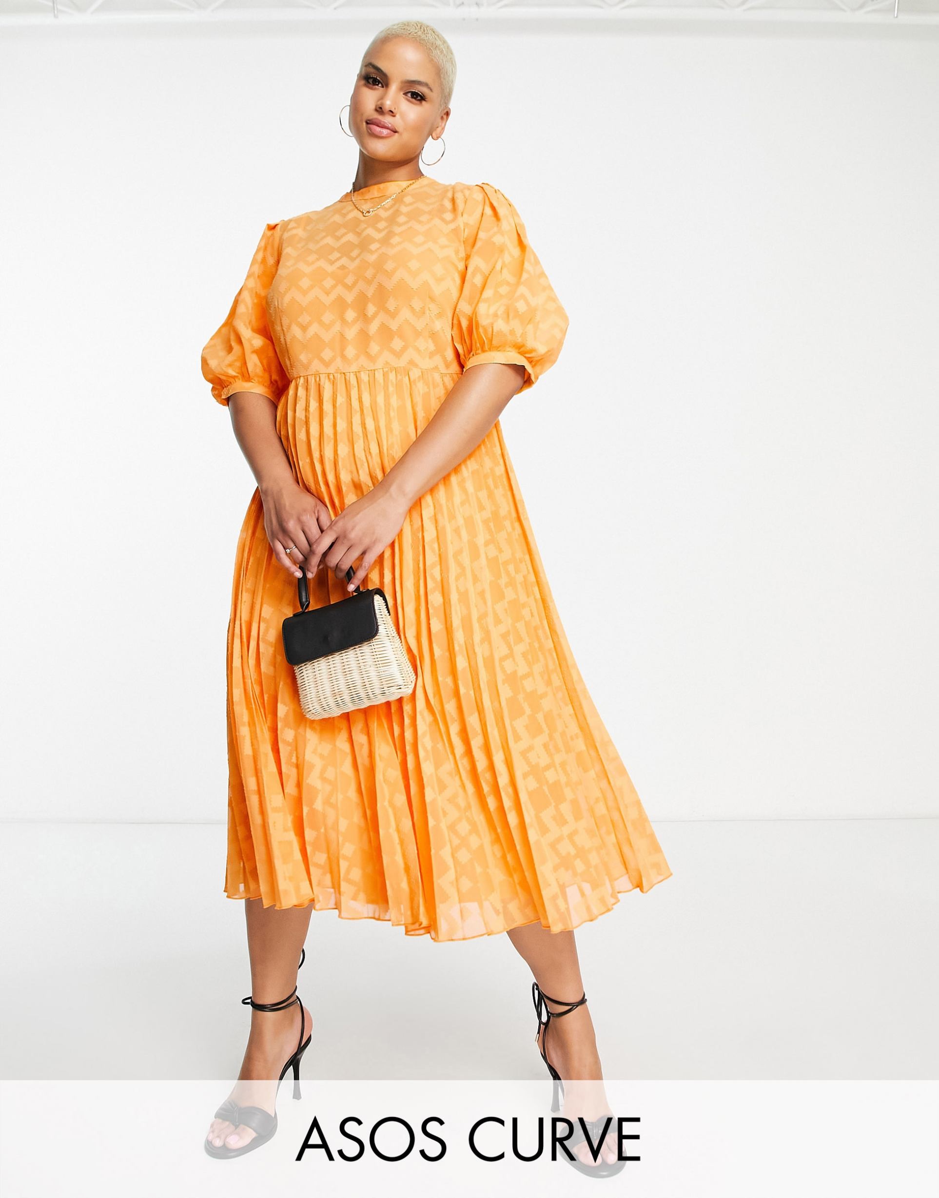 asos design curve high neck pleated chevron textured midi dress with puff sleeve in orange