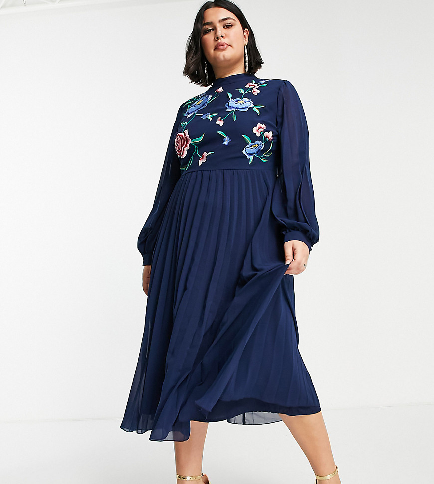 ASOS DESIGN Curve high neck pleated long sleeve midi skater dress with embroidery in navy