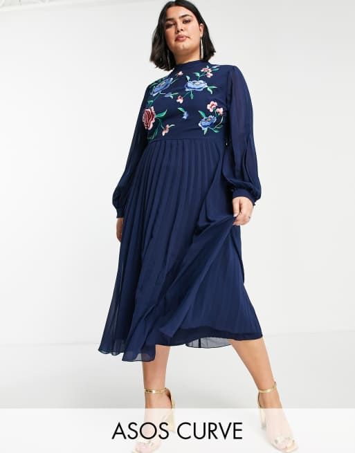 ASOS DESIGN high neck pleated long sleeve skater midi dress with embroidery  in navy