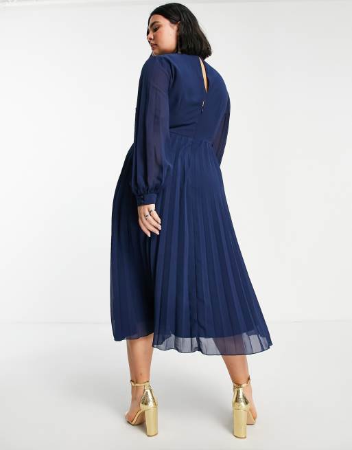 ASOS DESIGN Curve high neck pleated long sleeve midi skater dress with  embroidery in navy