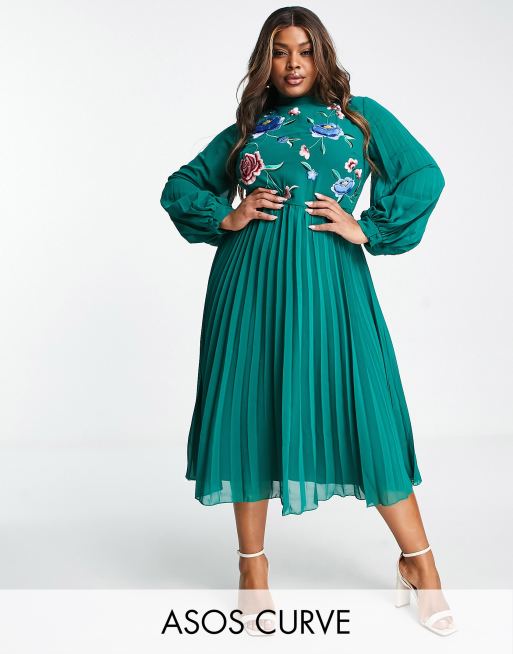 ASOS DESIGN Maternity tie front button through midi dress with floral  embroidery in forest green