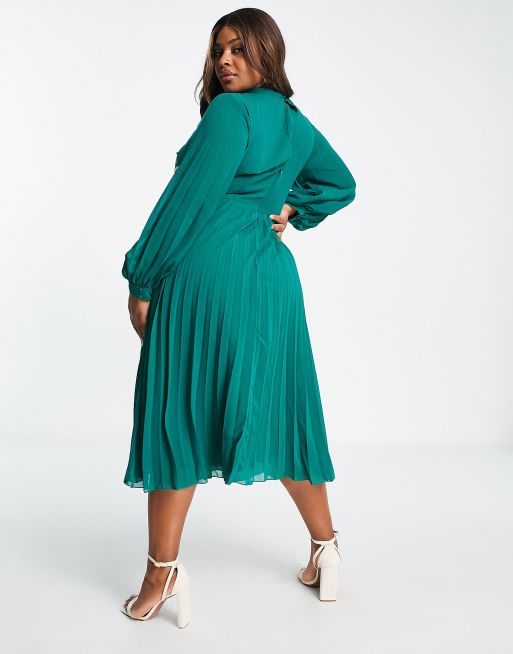 ASOS DESIGN Curve high neck pleated long sleeve skate midi dress with  embroidery in forest green