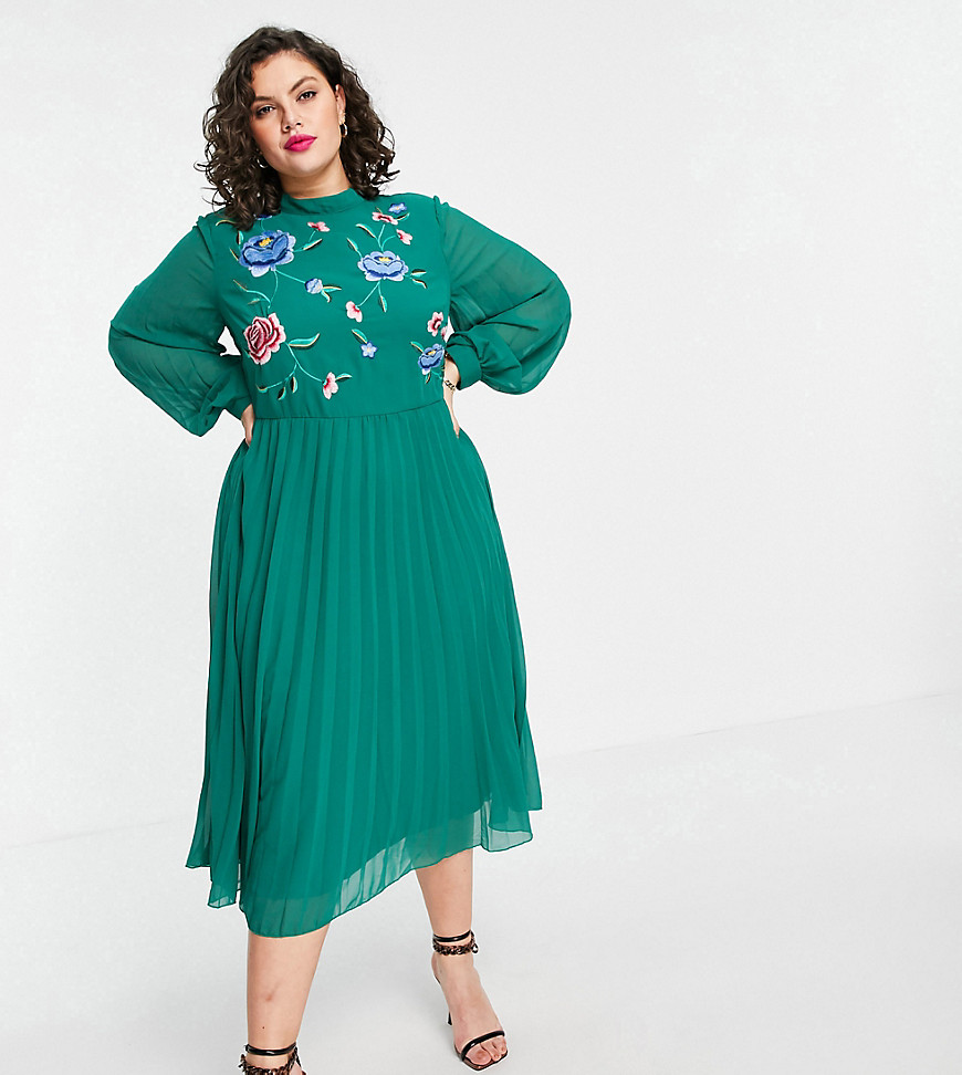 ASOS DESIGN Curve high neck pleated long sleeve skate midi dress with embroidery in forest green