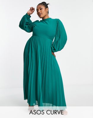 ASOS DESIGN Curve high neck pleated long sleeve skater maxi dress in dark green ASOS