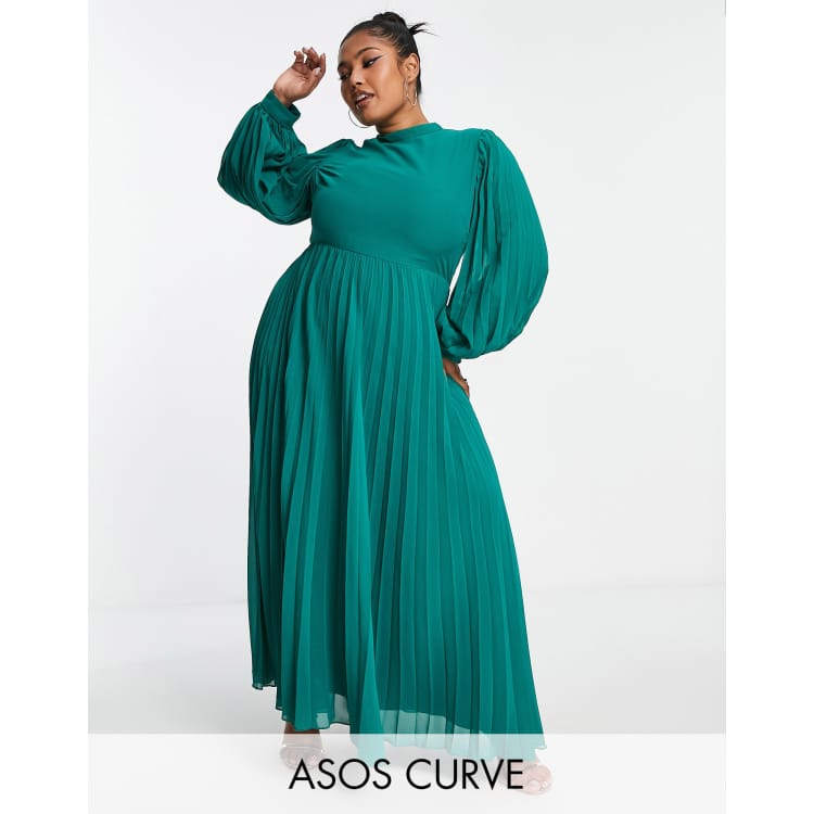 ASOS DESIGN Curve high neck pleated long sleeve skater maxi dress in dark  green | ASOS