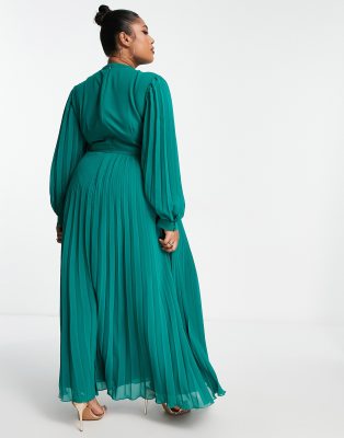 ASOS DESIGN Curve high neck pleated long sleeve skater maxi dress in dark  green