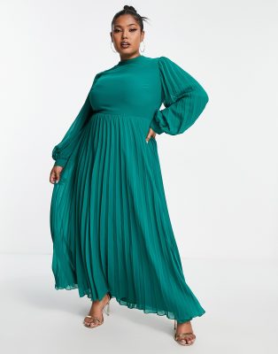 ASOS DESIGN Curve high neck pleated long sleeve skater maxi dress in dark  green | ASOS