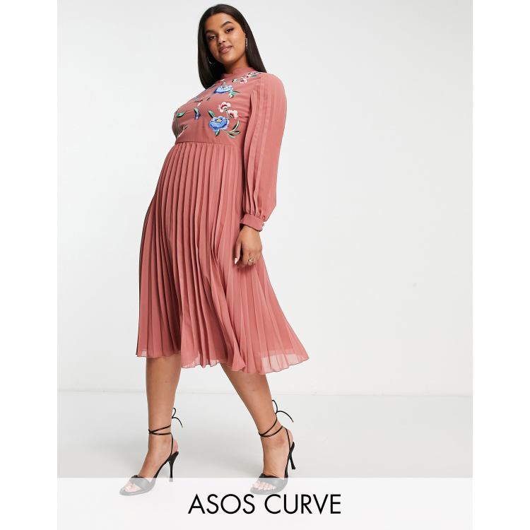 Asos design pleated high neck midi dress with clearance embroidery