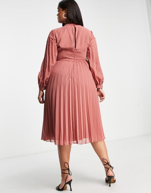 ASOS DESIGN Curve high neck pleated long sleeve skater midi dress with  embroidery in tea rose | ASOS