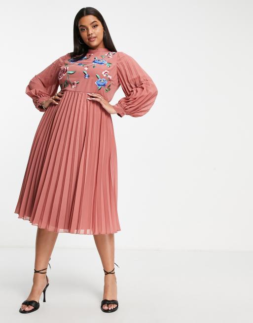 ASOS DESIGN Curve high neck pleated long sleeve skater midi dress