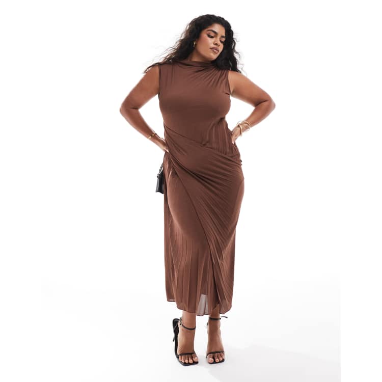 ASOS DESIGN Curve high neck pleated maxi dress with drape wrap skirt in  chocolate