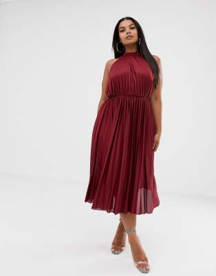 asos design high neck pleated midi dress