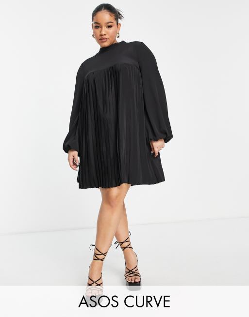 ASOS DESIGN Curve high neck pleated trapeze mini dress in black