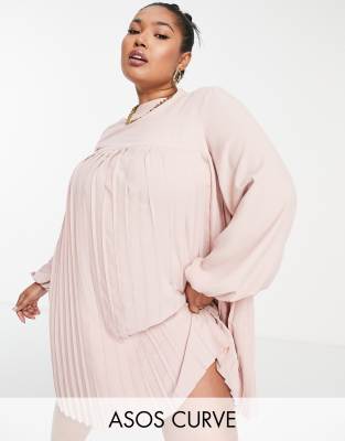 ASOS CURVE ASOS DESIGN CURVE HIGH NECK PLEATED TRAPEZE MINI DRESS IN BLUSH-PINK