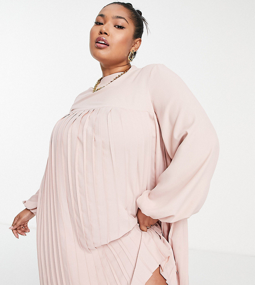 Plus-size dress by ASOS DESIGN All dressed up Crew neck Long sleeves Knife pleating Button-keyhole back Relaxed fit