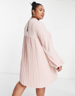 ASOS DESIGN Curve high neck pleated trapeze mini dress in blush | ASOS