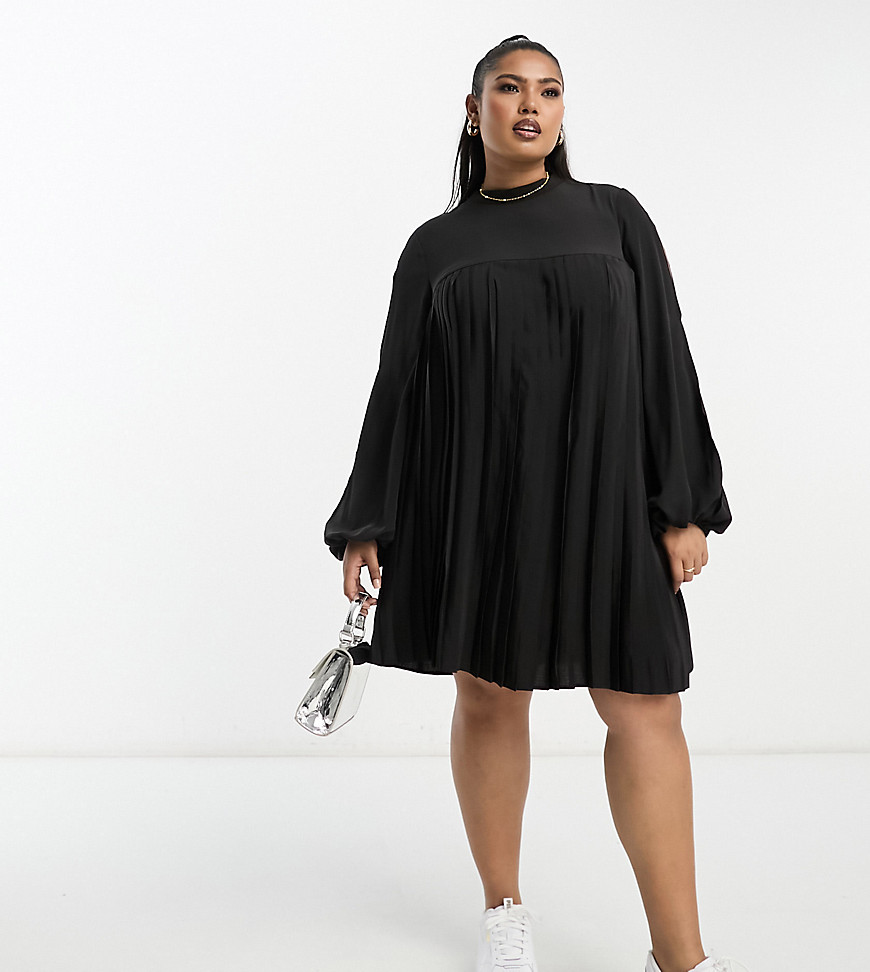 ASOS DESIGN Curve high neck pleated trapeze mini dress with split sleeves in black