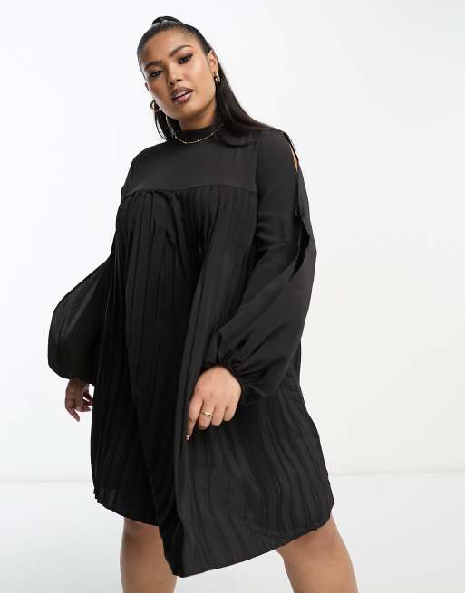 ASOS DESIGN Curve high neck pleated trapeze mini dress with split sleeves  in black