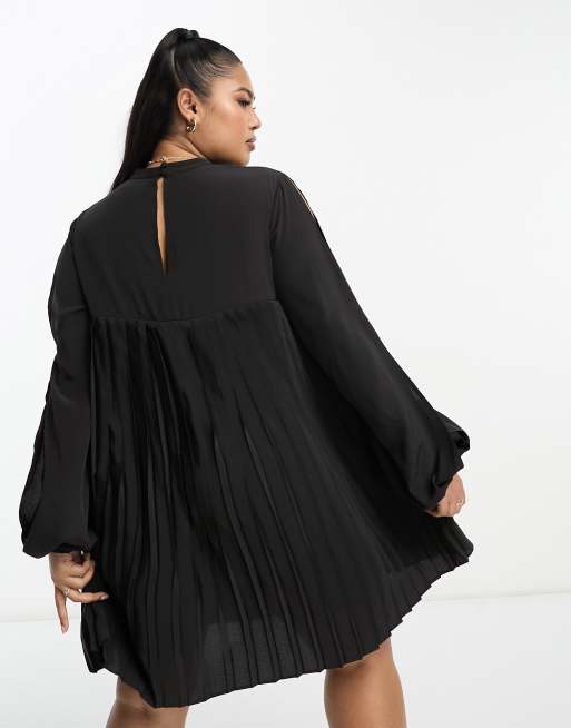 ASOS DESIGN Curve high neck pleated trapeze mini dress with split sleeves  in black