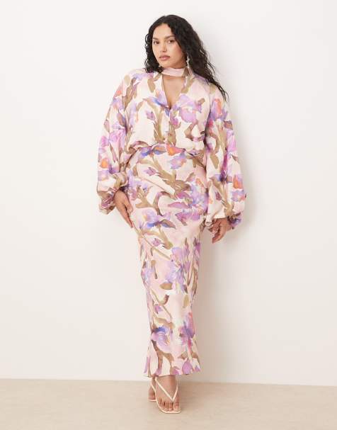 ASOS DESIGN Curve high neck plunge maxi dress with blouson sleeves in lilac watercolour floral print - view 1