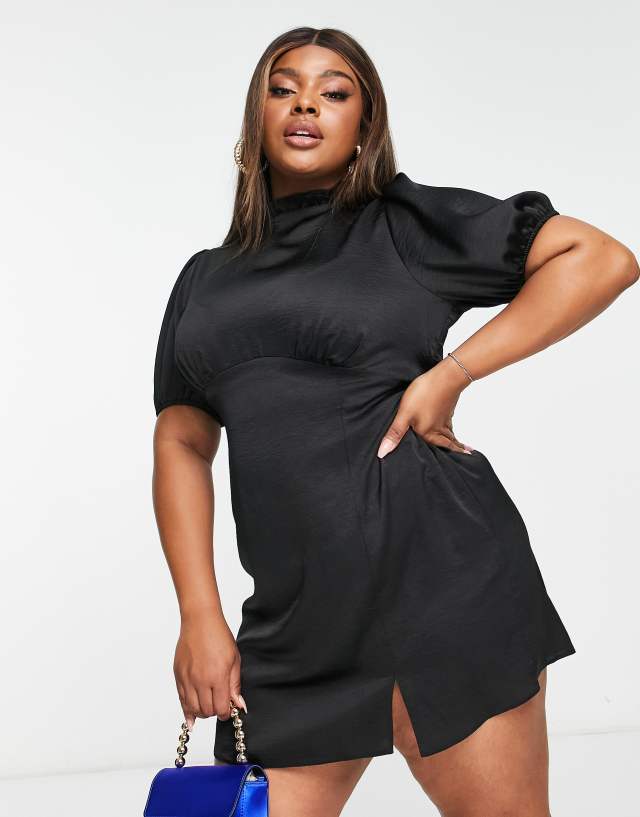 ASOS DESIGN Curve high neck puff sleeve mini satin dress in black