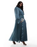 [ASOS Curve] ASOS DESIGN Curve high neck ruched belt detail maxi dress in dark slate-Blue 30 Dark Slate