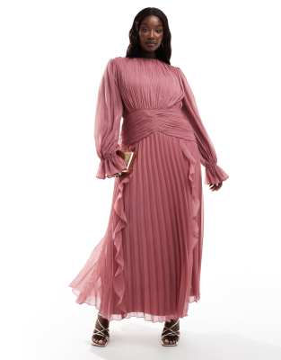 ASOS DESIGN Curve high neck ruched belt detail maxi dress in dusky pink