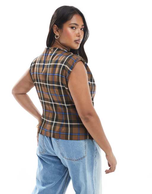 ASOS DESIGN Curve high neck ruched detail sleeveless top in brown plaid