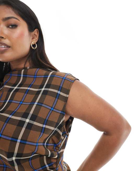 ASOS DESIGN Curve high neck ruched detail sleeveless top in brown plaid