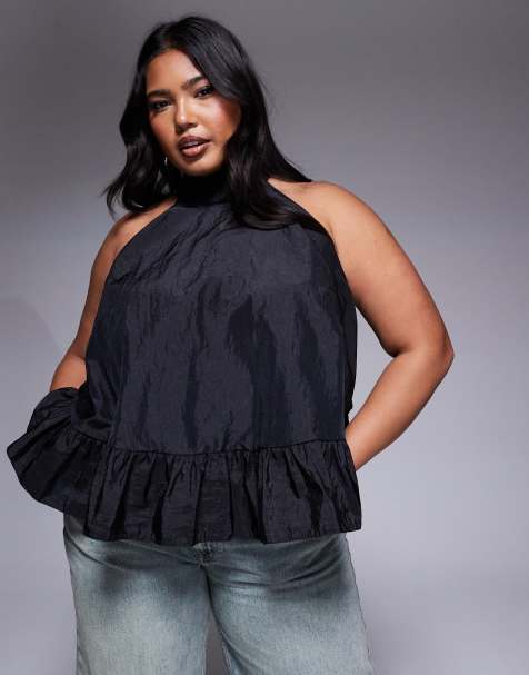 ASOS DESIGN Curve high neck ruffle hem smock top in black - view 1