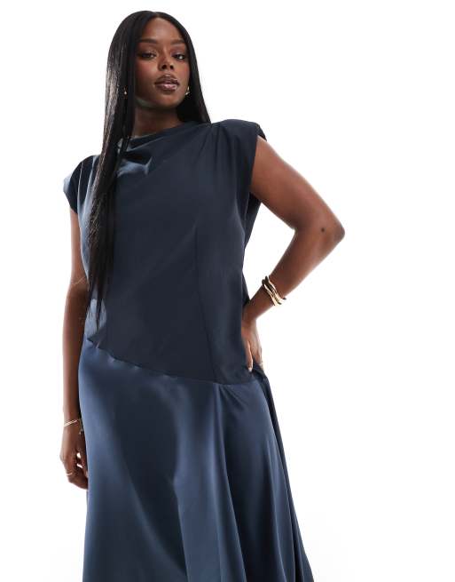 ASOS DESIGN Curve high neck satin contrast midaxi dress in navy ASOS