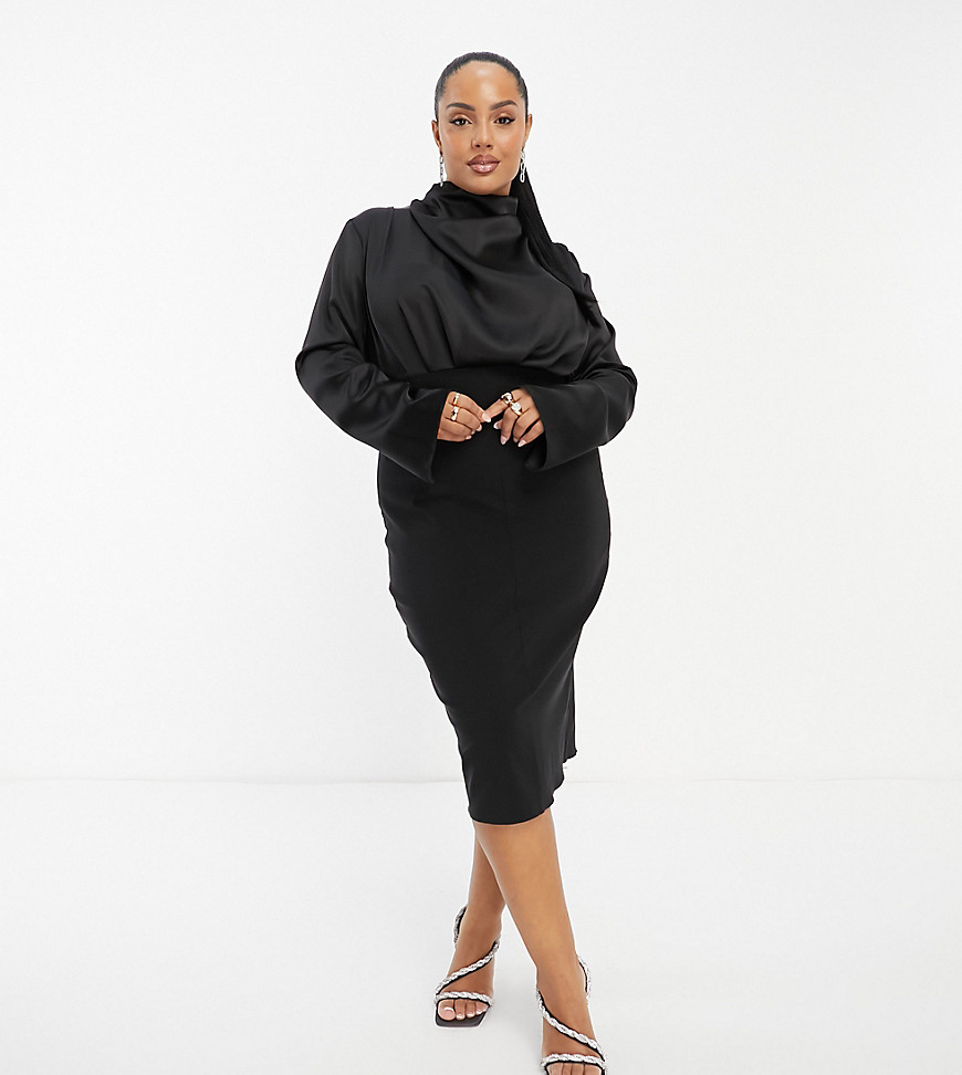 ASOS DESIGN Curve high neck satin midi dress with structured skirt in black