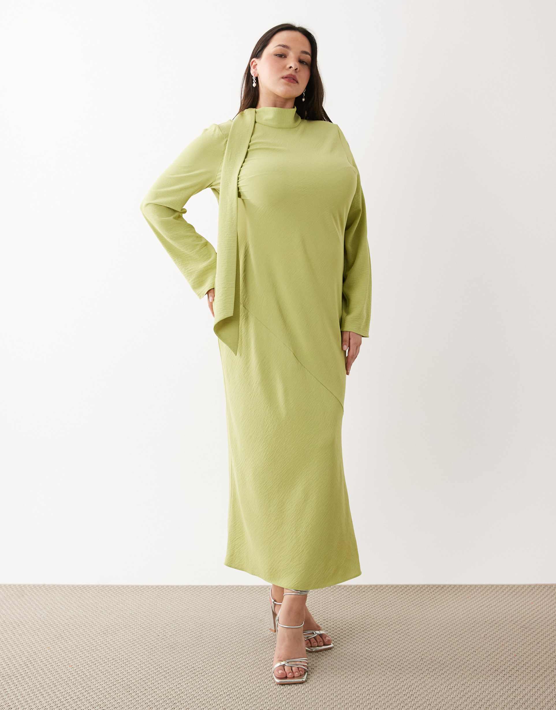 asos design curve high neck scarf detail maxi dress in green