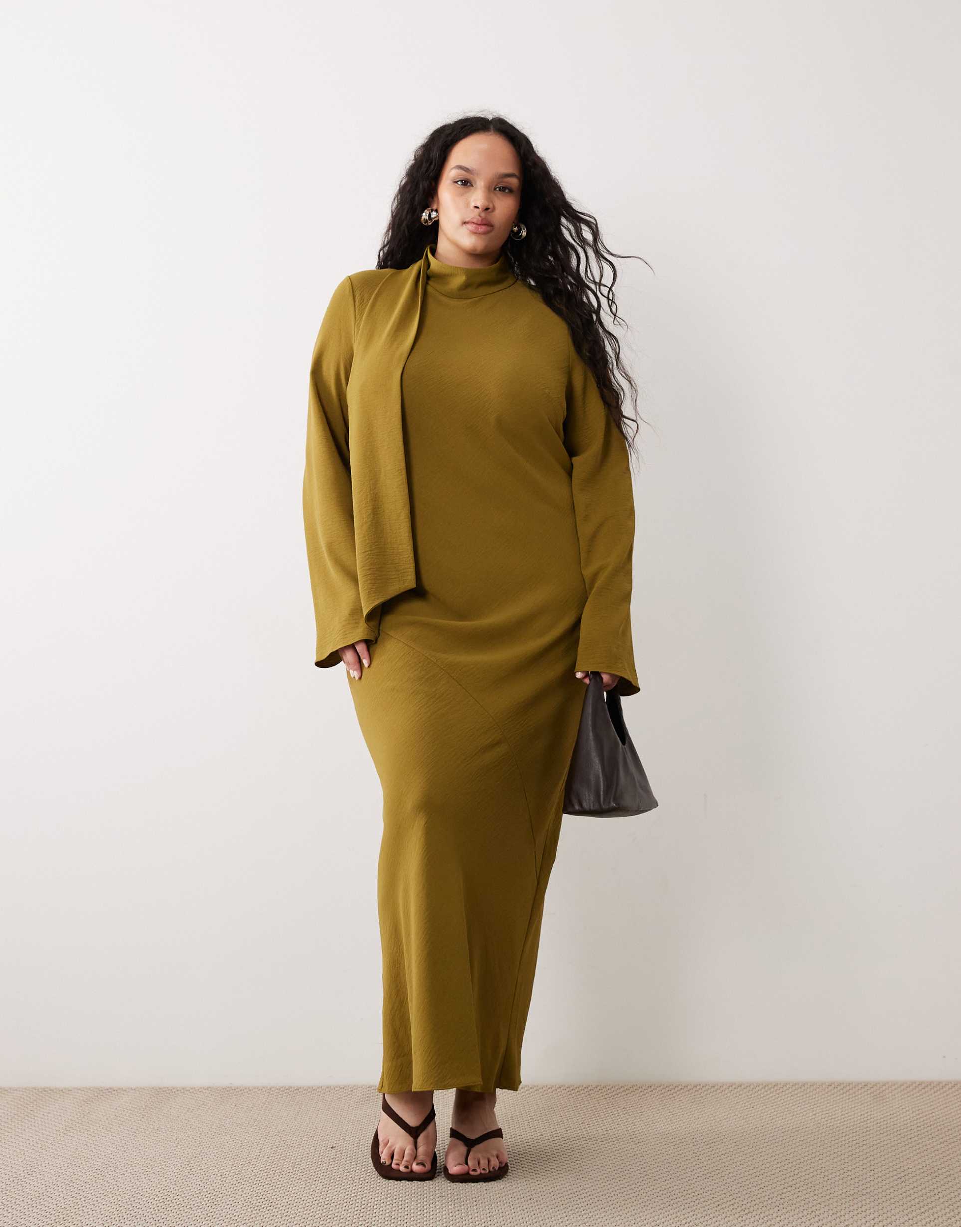 asos design curve high neck scarf detail maxi dress in olive