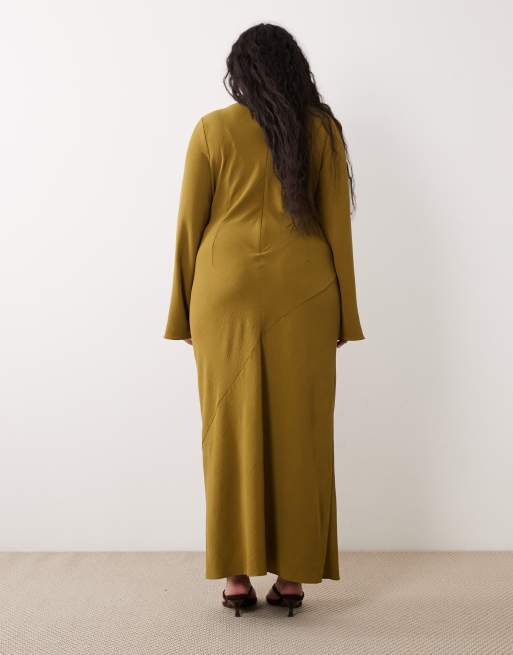 ASOS DESIGN Curve high neck scarf detail maxi dress in olive, 3 of 4