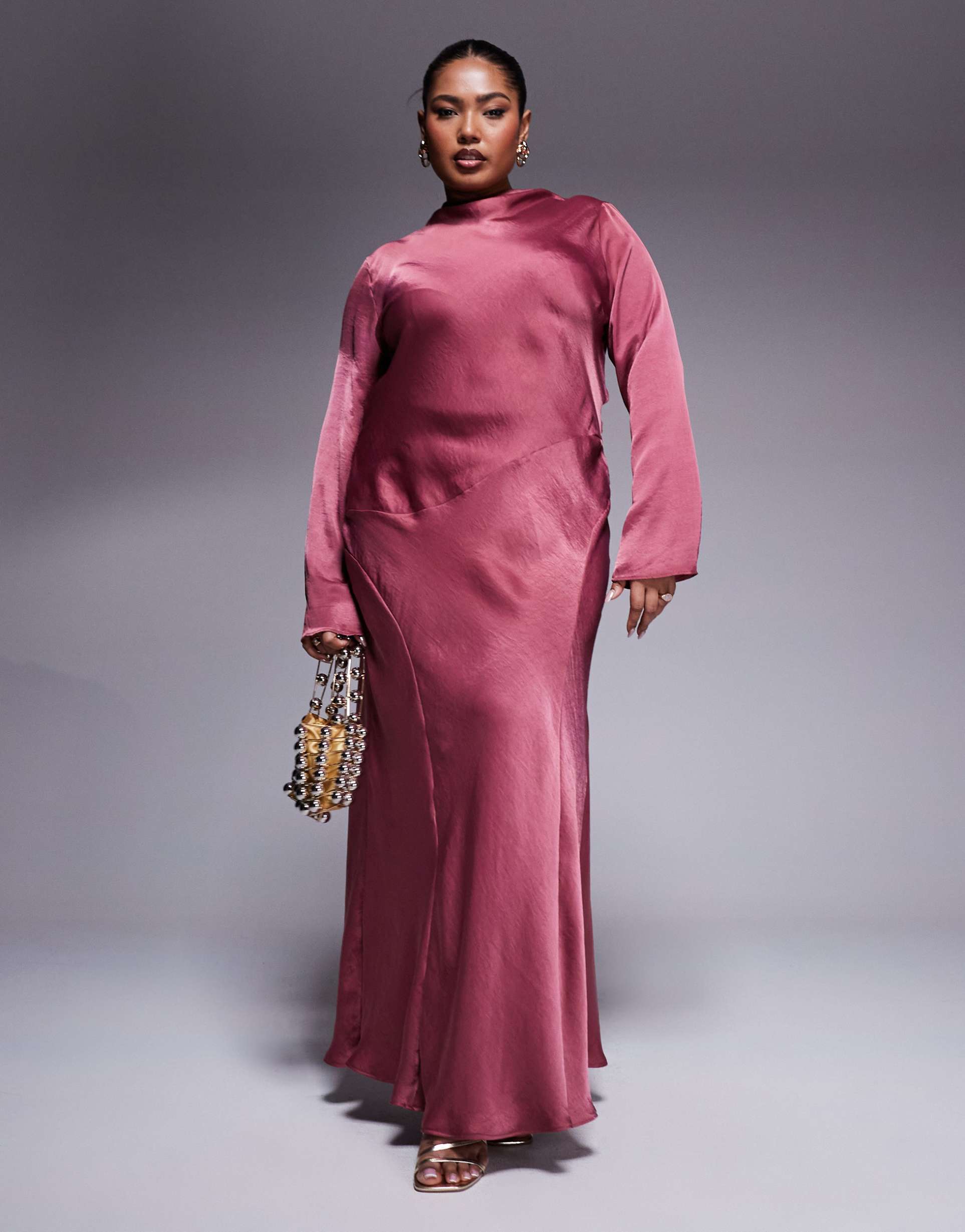 asos design curve high neck seam detail satin maxi dress in dusky rose