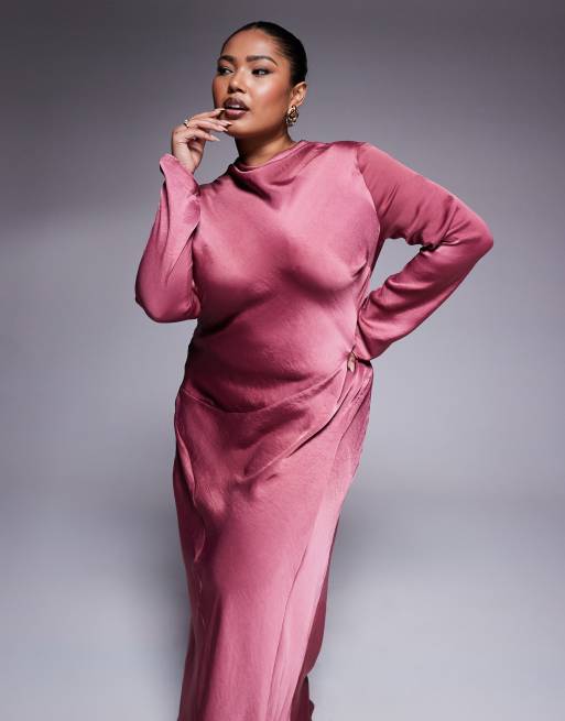 ASOS DESIGN Curve high neck seam detail satin maxi dress in dusky rose