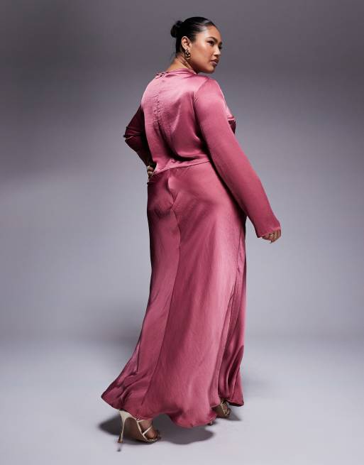 ASOS DESIGN Curve high neck seam detail satin maxi dress in dusky rose