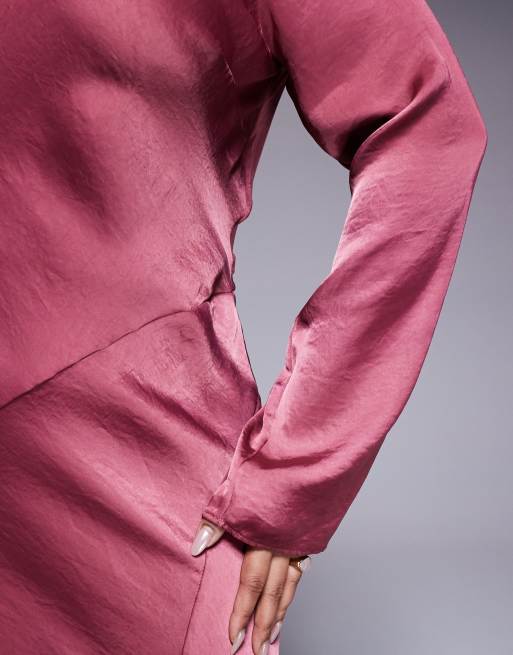 ASOS DESIGN Curve high neck seam detail satin maxi dress in dusky rose