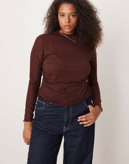 ASOS DESIGN Curve high neck semi sheer long sleeve top in chocolate