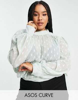 ASOS DESIGN Curve high neck sheer top with tie back detail in textured fabric