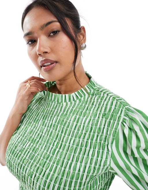 ASOS DESIGN Curve high neck shirred detail short sleeve top in stripe, 2 of 4