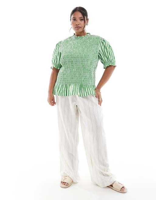 ASOS DESIGN Curve high neck shirred detail short sleeve top in stripe, 3 of 4