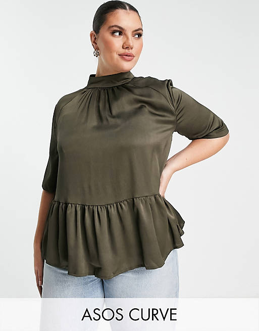  Shirts & Blouses/Curve high neck short sleeve peplum smock top in olive 