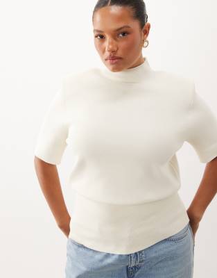 Asos Curve Asos Design Curve High Neck Shoulder Pads Waisted T-shirt In White