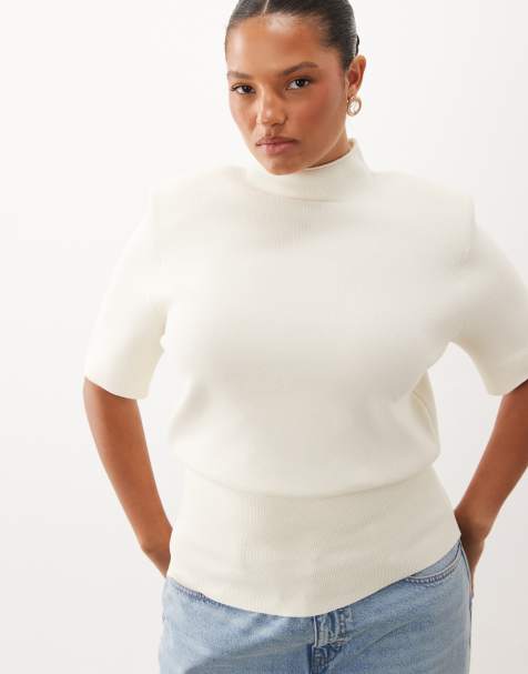 ASOS DESIGN Curve high neck shoulder pads waisted t-shirt in cream - view 1