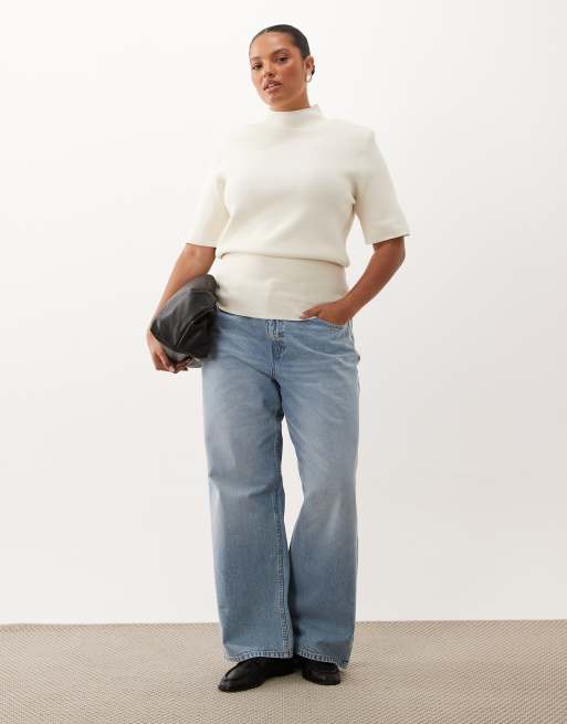 ASOS DESIGN Curve high neck shoulder pads waisted t-shirt in cream, 2 of 4