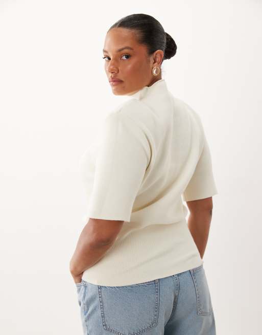 ASOS DESIGN Curve high neck shoulder pads waisted t-shirt in cream, 3 of 4
